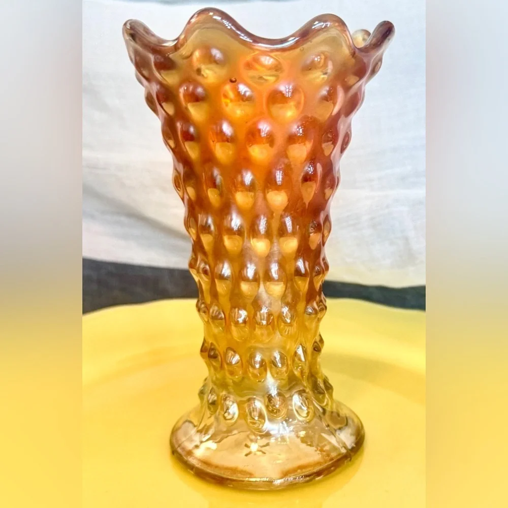 Antique Fenton Marigold Rustic Hobnail Ruffled Vase